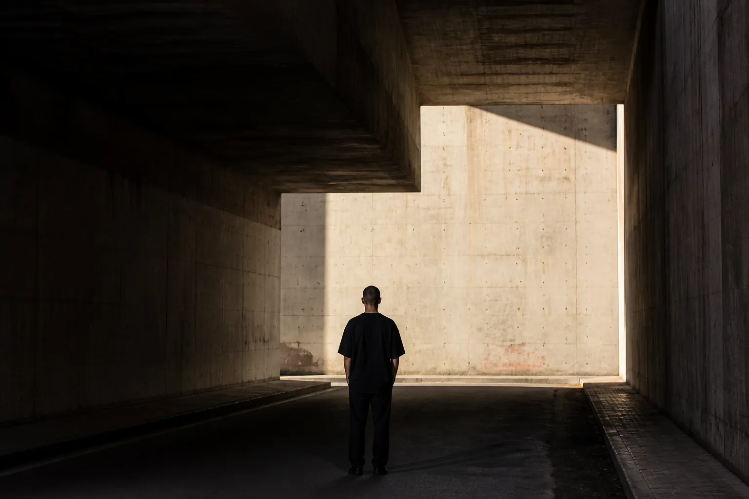 A solitary figure in a brutalist concrete underpass