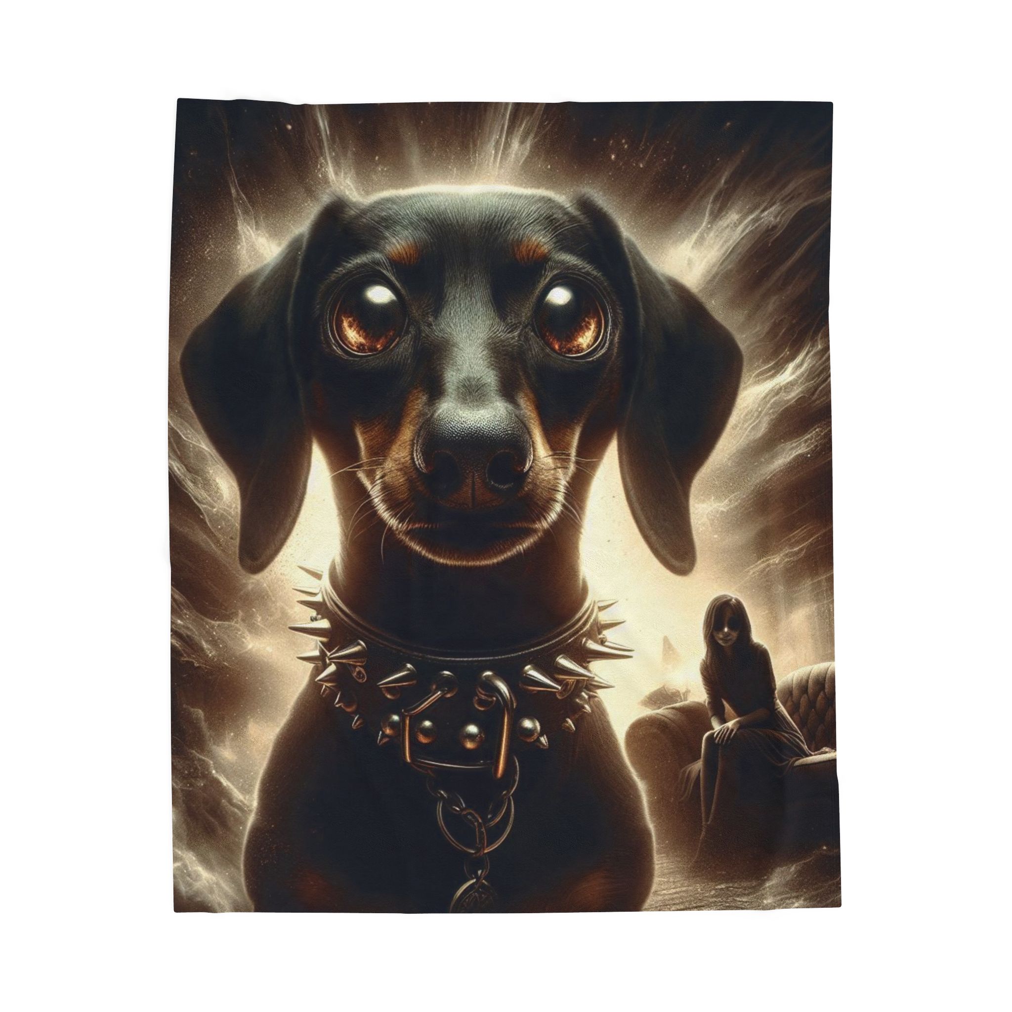 Velveteen plush blanket with luminous black dachshund artwork